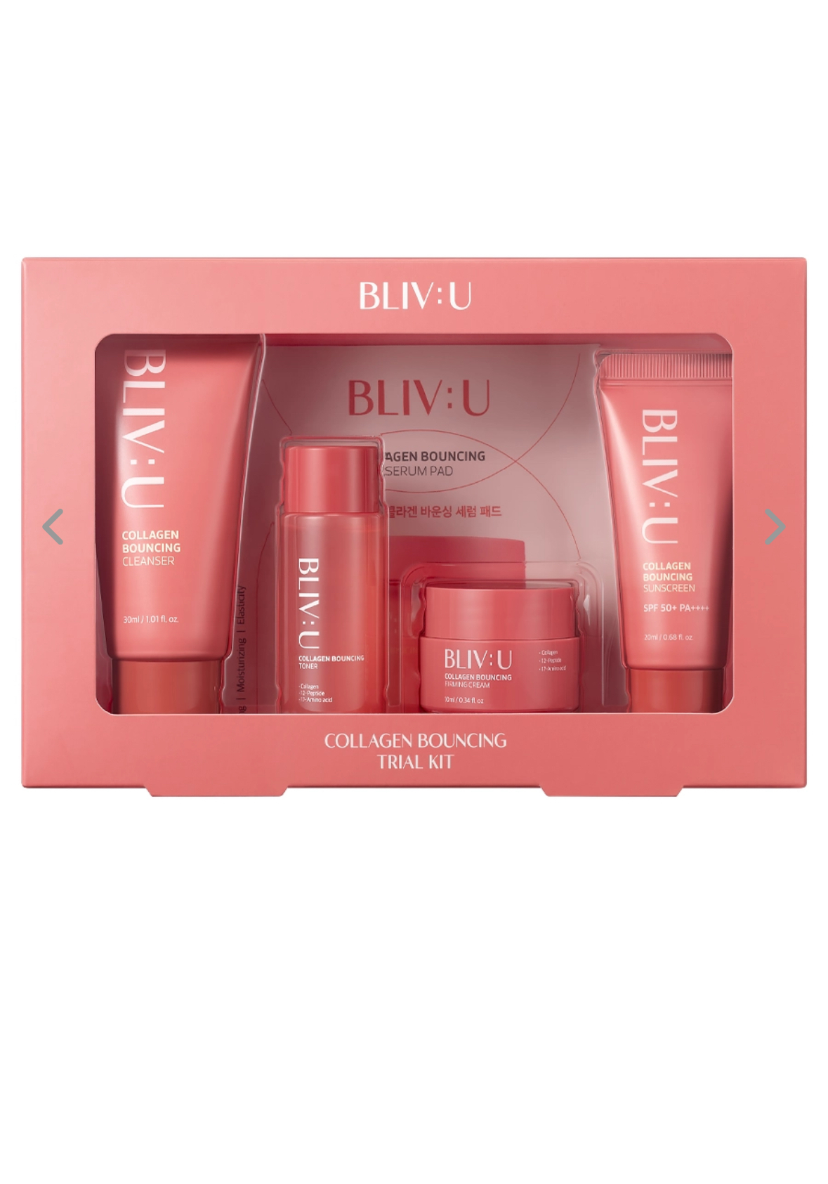 Набор миниатюр: пенка + тонер + крем + санскрин + пэды BLIV:U Collagen Bouncing Trial Kit 30+20+10+20 мл + 2 шт